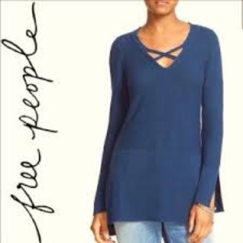 •Free People Teal Green Crisscross V-Neck Knit Medium Tunic Sweater #QB